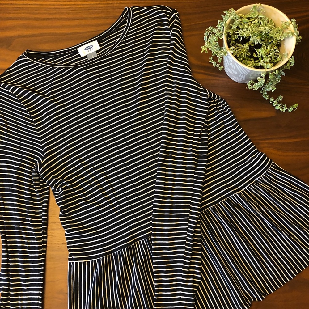 Black & white striped peplum long sleeve t-shirt